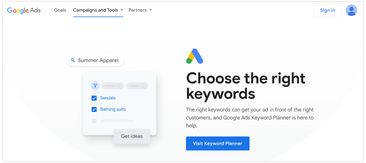 page d'accueil de Google Keyword Planner